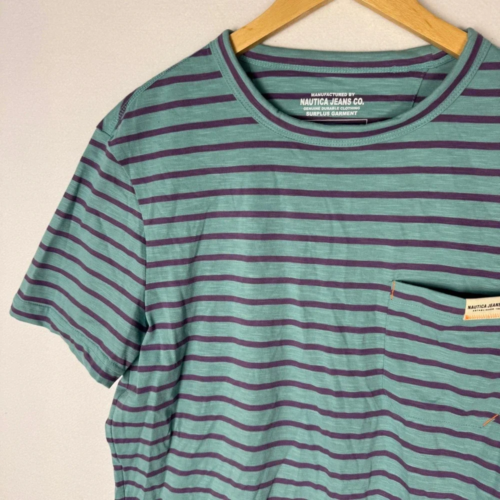 Nautica Jeans Co Mens Striped Crewneck T-Shirt Dusty Turquoise Purple K45510 S